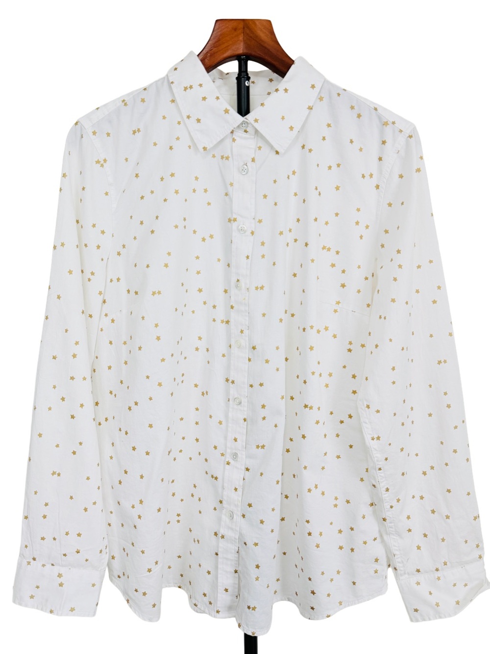 Talbots White Button-Up Shirt with Scattered Gold Stars Print 100% cotton large